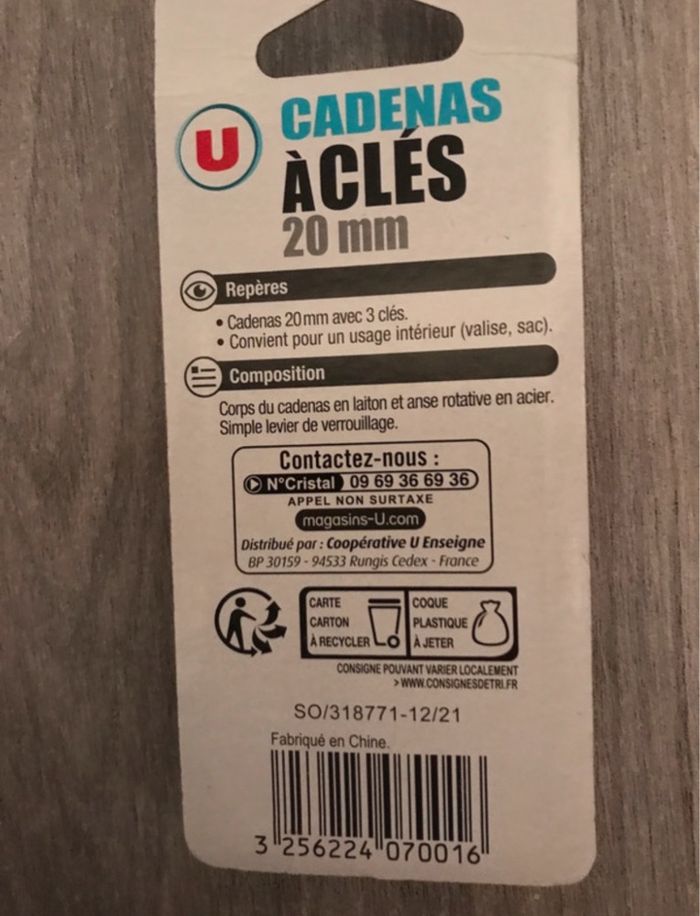 cadenas 20 mm avec 3 clés marque u sous blister neuf pour valise, casier etc - photo numéro 2