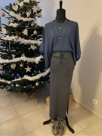 Jupe longue bleue grise brillante