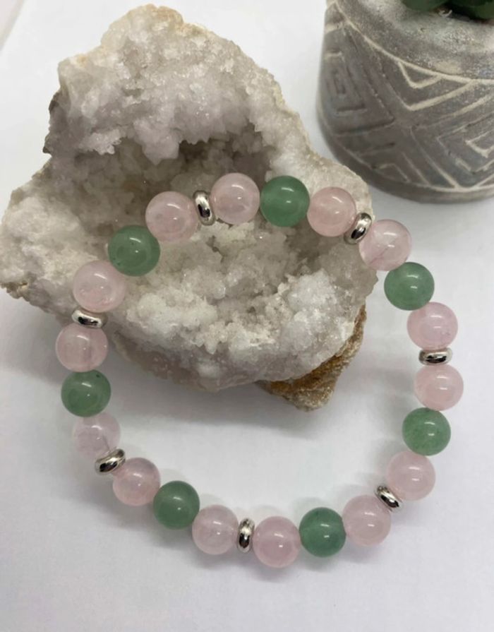 Bracelet aventurine verte et quartz rose 19 cm , lithothérapie - photo numéro 3