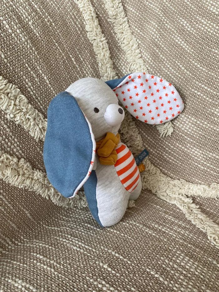 Peluche doudou 18cm tape à l’œil lapin gris bleu et orange étoile rayures très bon état - photo numéro 2