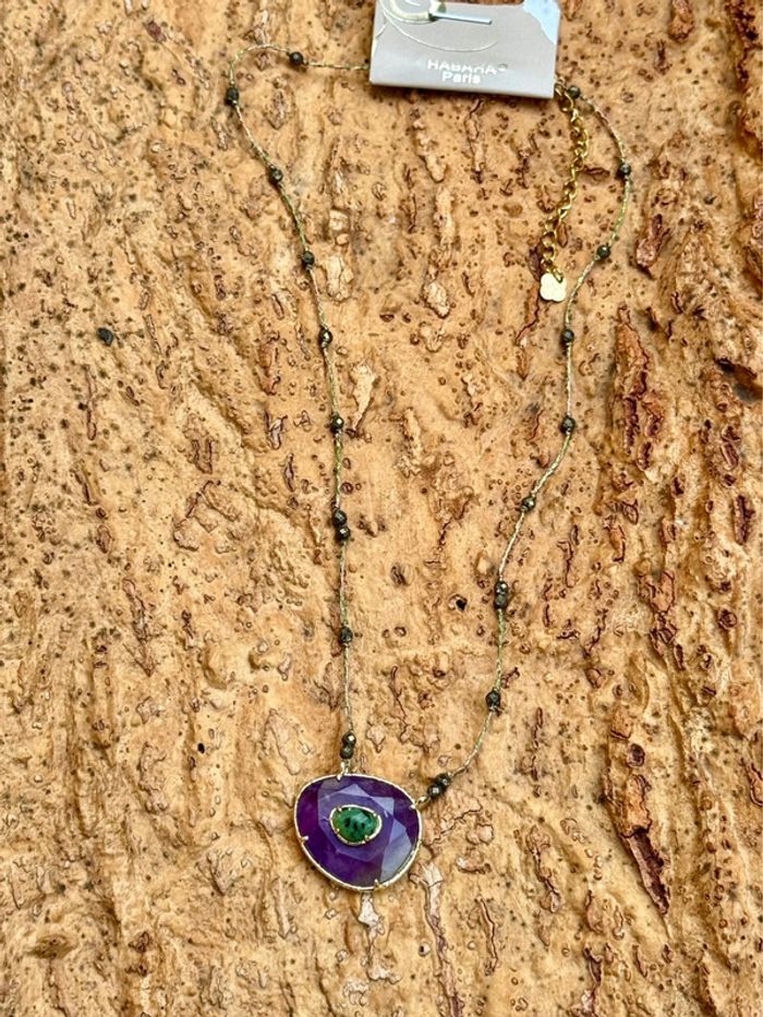 Collier habaha Paris fils tissés paillettes pavé améthyste malachite acier inoxydable or - photo numéro 4