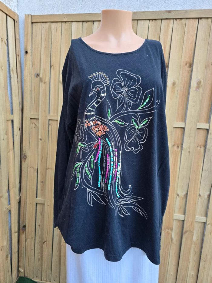 Tunique motif paon a sequins et perles 🍒vintage 90🍒taille 46/48 - photo numéro 3