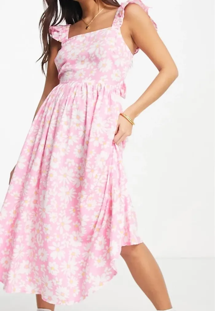 influence petite- robe mi longue à fleurs, volants et lanières rose - photo numéro 4