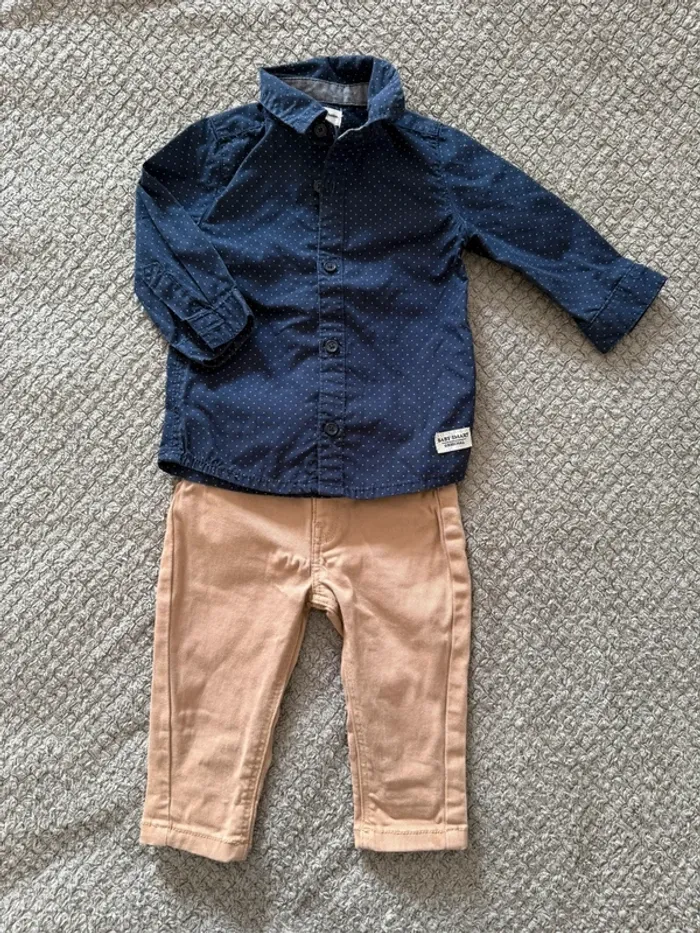 Ensemble chemise manche longue bleu à pois avec pantalon crème pat & ripaton (6mois)