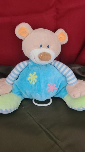 Doudou peluche ours bleu vert long bras NATTOU musical