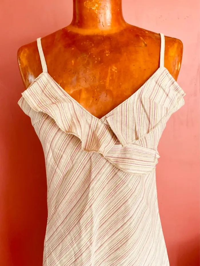 Magnifique robe vintage en lin et viscose beige avec rayures colorées - photo numéro 3