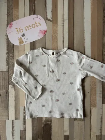 Vends joli t-shirt manches longues côtelé Kiabi, taille 36 mois pour fille, en très bon état.
