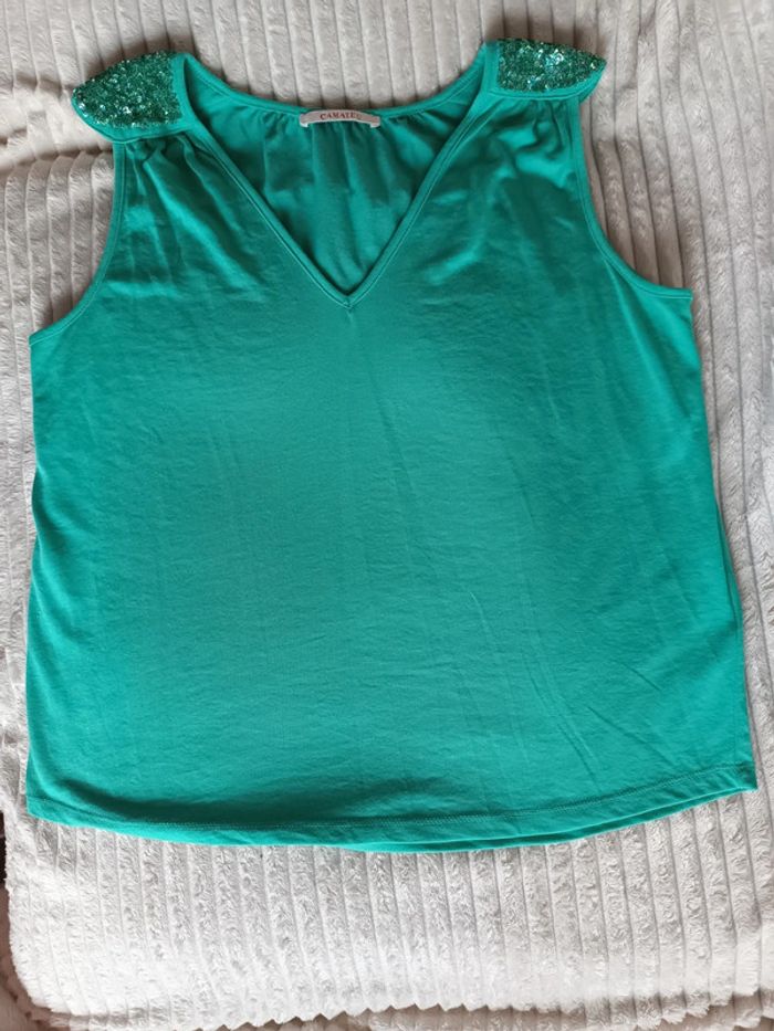 🩵 Jolie blouse sans manches avec paillettes🩵 couleur vert eau - camaïeu - taille M - neuve