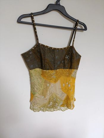 Top à sequins jaune et kaki imprimé fleurs vintage old school