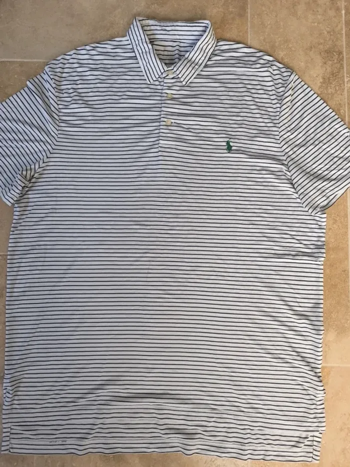 Polo Ralph Lauren Performance homme XL blanc rayures marine logo vert excellent état sauf tâche - photo numéro 2
