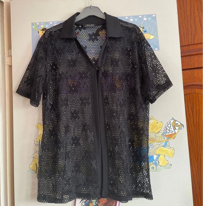 Chemise/blouse à manches courtes noire transparente, taille L, marque Miss Jade