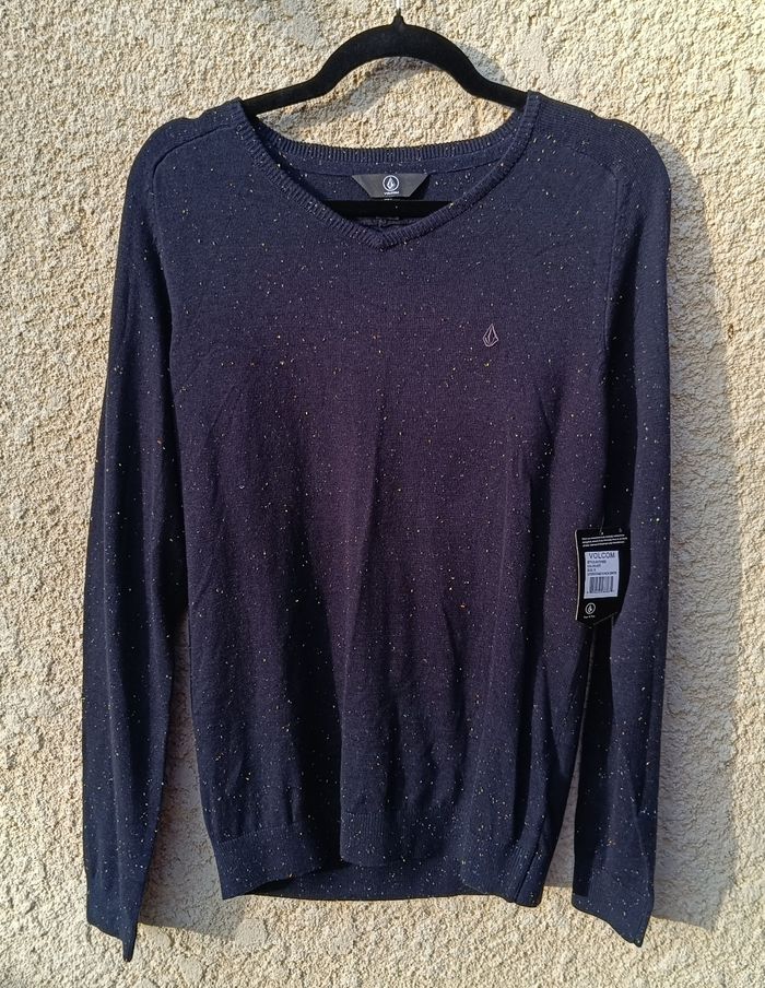 Pull légèrement col V Volcom Neuf taille S Bleu marine tacheté logo brodé Gris - photo numéro 7