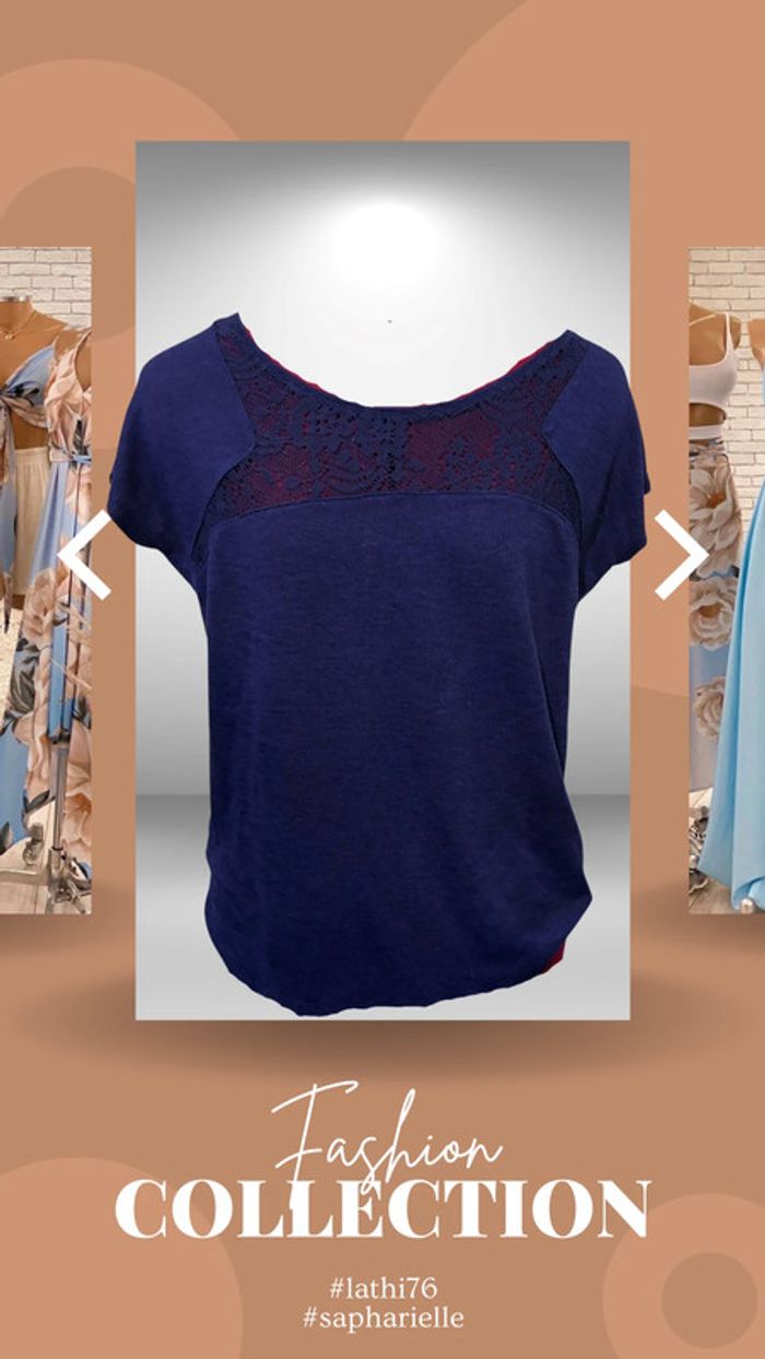 Petit pull bleu léger manches courtes décolleté en dentelle