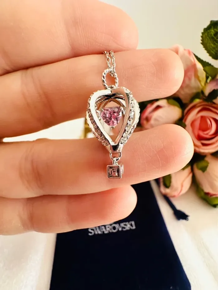 🎈Collier Swarovski montgolfière argenté cœur rose mobile – avec pochon - photo numéro 7