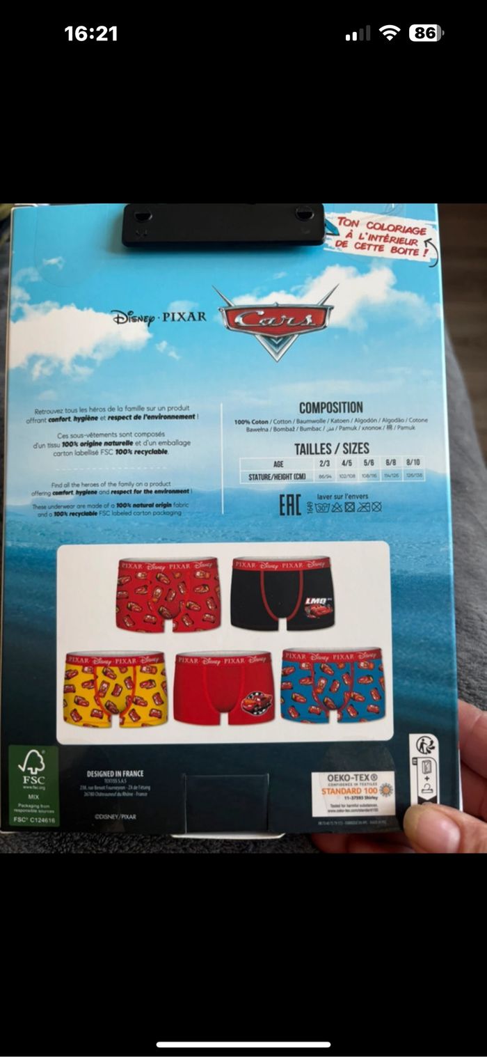 Boîte de coffret de cinq Boxers Cars marque Disney taille 4/5 ans 100 % coton - photo numéro 8