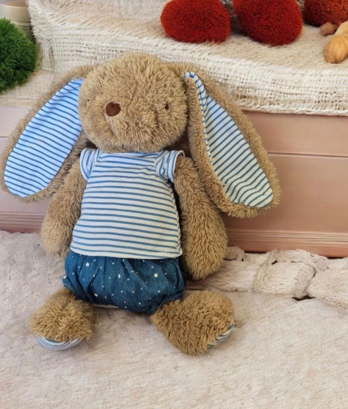 Doudou lapin marron bleu blanc rayé étoiles TAPE A L'OEIL TAO