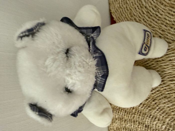 Doudou ours blanc bleu Ajena vintage manque nez - photo numéro 1