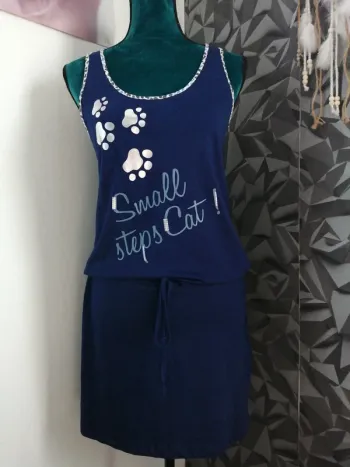 Robe de nuit bleu marine sans manches motifs pattes de chien lien à nouer / tissaia / (XS)