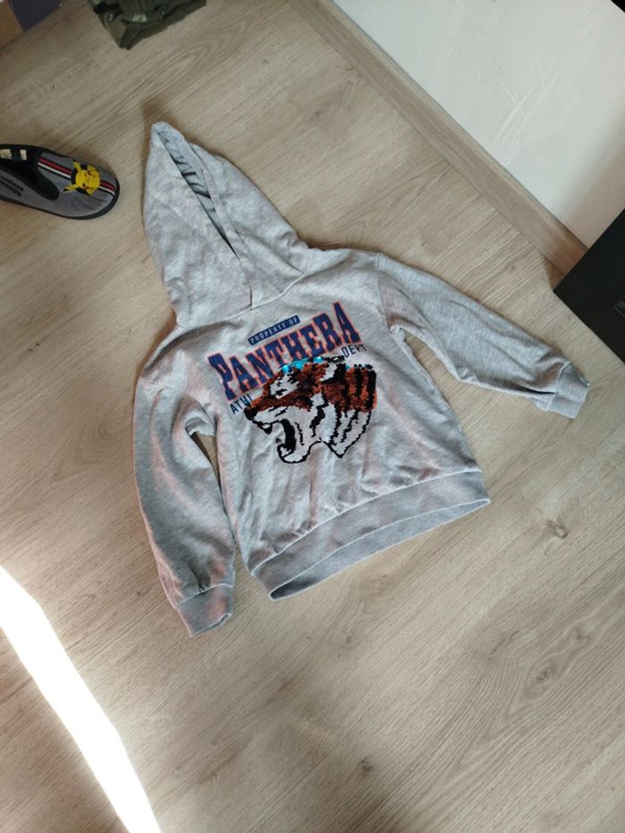 Pull a capuche gris 5-6 ans