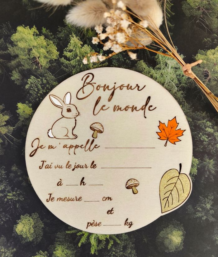 Jolie carte de naissance Lapin en bois