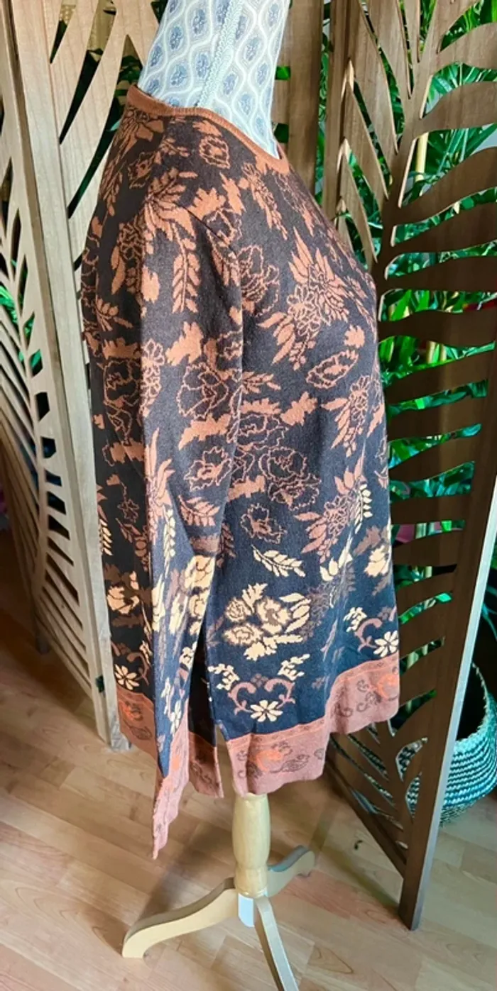 Pull en laine merinos motif à fleurs marron beige orange taille 3 44 lewinger chaud - photo numéro 6