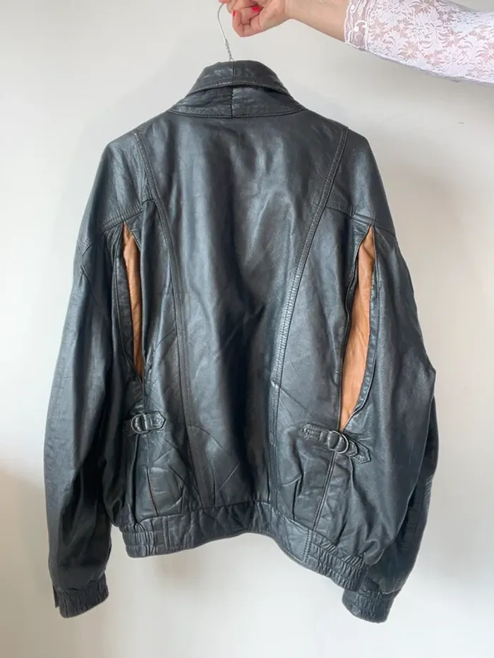 Veste en cuir vintage années 80 noire et marron taille XXL. - photo numéro 3