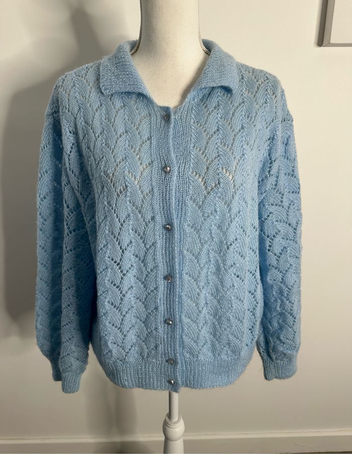 Cardigan en crochet tricot maille ajourée bleu ciel Vintage T42 XL