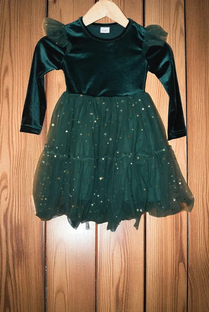 👑 Robe de princesse – Vert sapin – Velours & tulle – 2/3 ans 👑