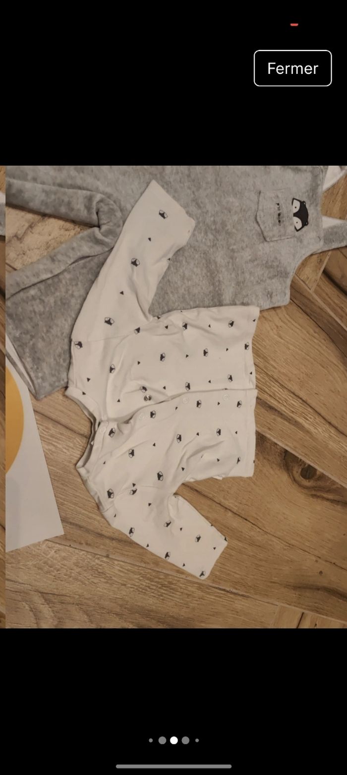 Lot ensemble 1 salopette grise chaude doublé et douce 
Avec t-shirt qui s'ouvre en totalité dans le dos 
Motif renard 
Marque p'tit bisou
Taille 3 mois 60cm
Parfait état - photo numéro 4