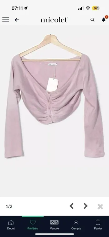 Cardigan court Zara effet délavée rose et blanc