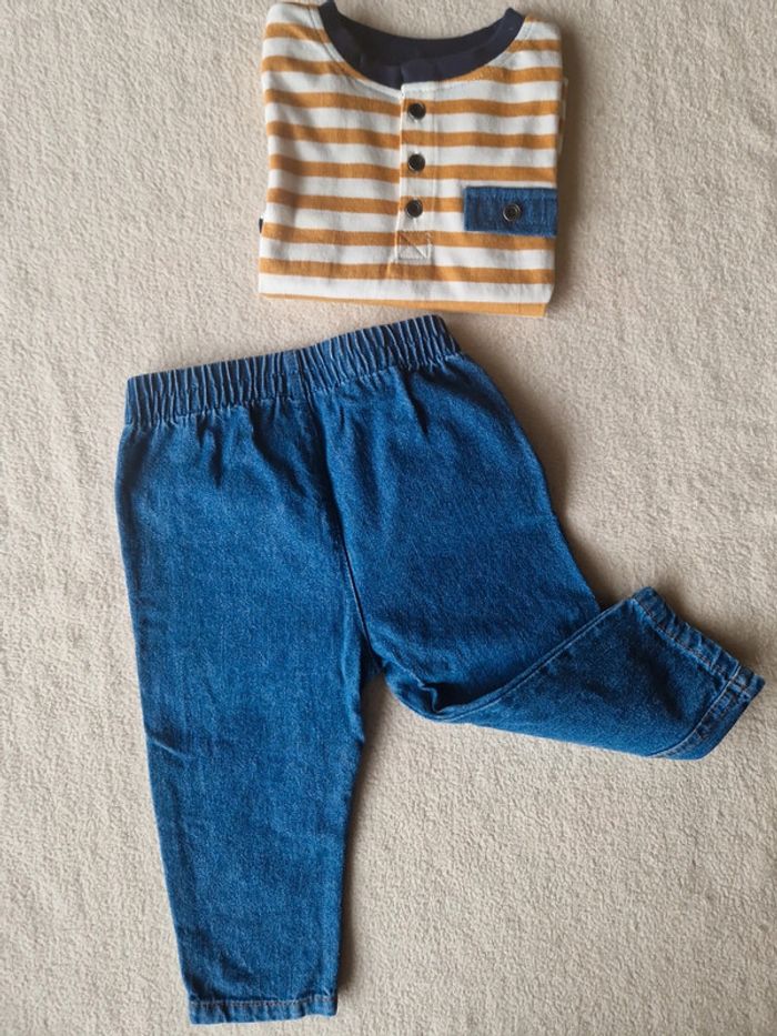 Ensemble neuf 12 mois jean et haut à rayures et motif - photo numéro 4