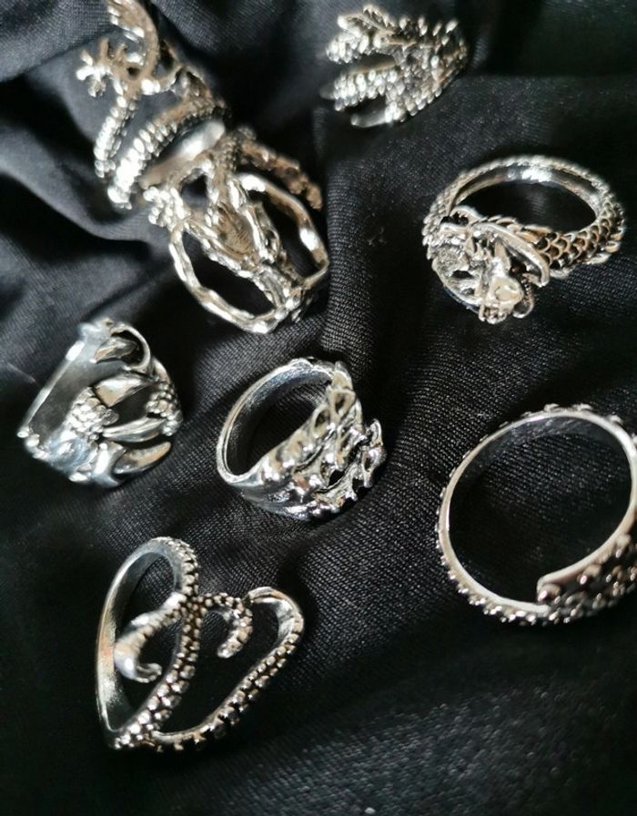 Lot de 7 bagues gothic biker chromé argenté tendance ajustable - photo numéro 2