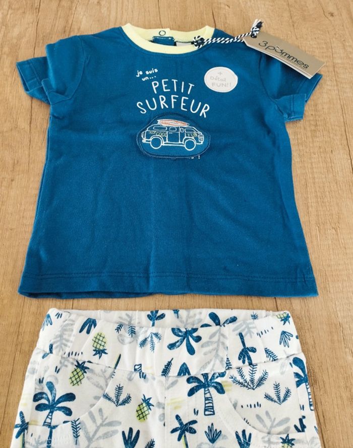 Ensemble t-shirt short garçon petit surfeur bleu et blanc 6 mois 3 Pommes