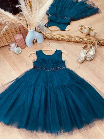 Taille 6 ans Robe créateur fille TAO bleu marine * sequins et tulle * 💙