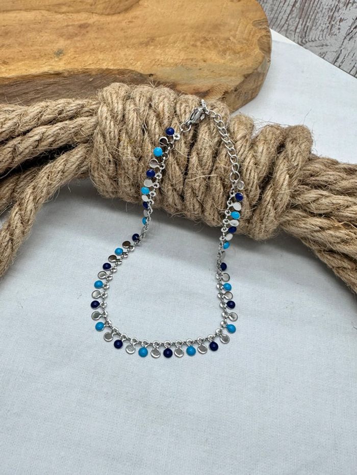 Braceydd cheville acier inoxydable argent et breloques en émail bleu