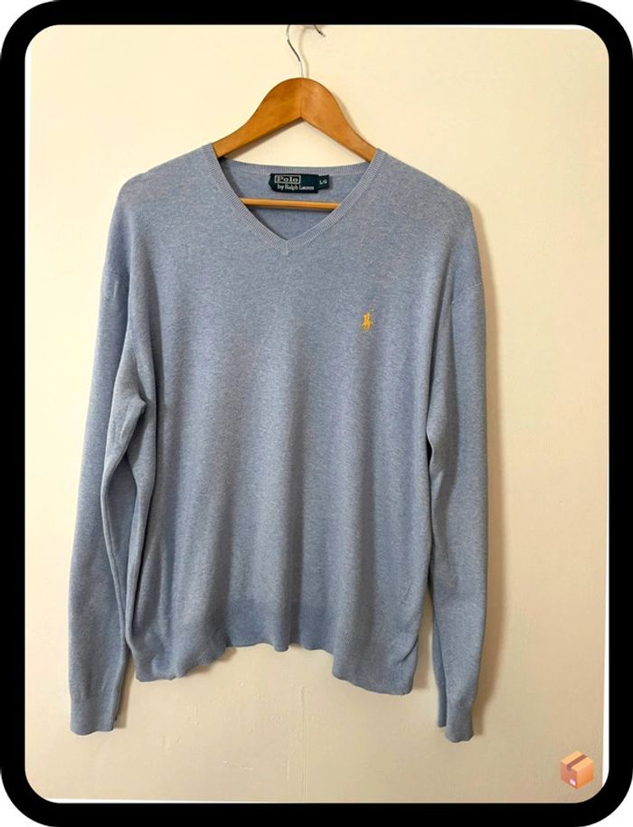 Pull Ralph Lauren – Taille L/G équiv. XXL oversize – Bleu ciel – Cavalier jaune