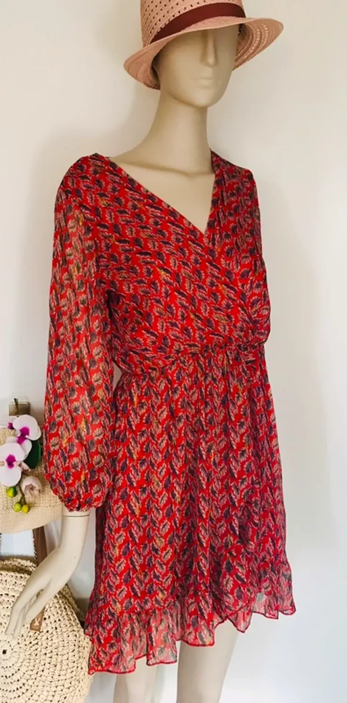 Robe bohème chic rouge feuilles dorées NEUVE