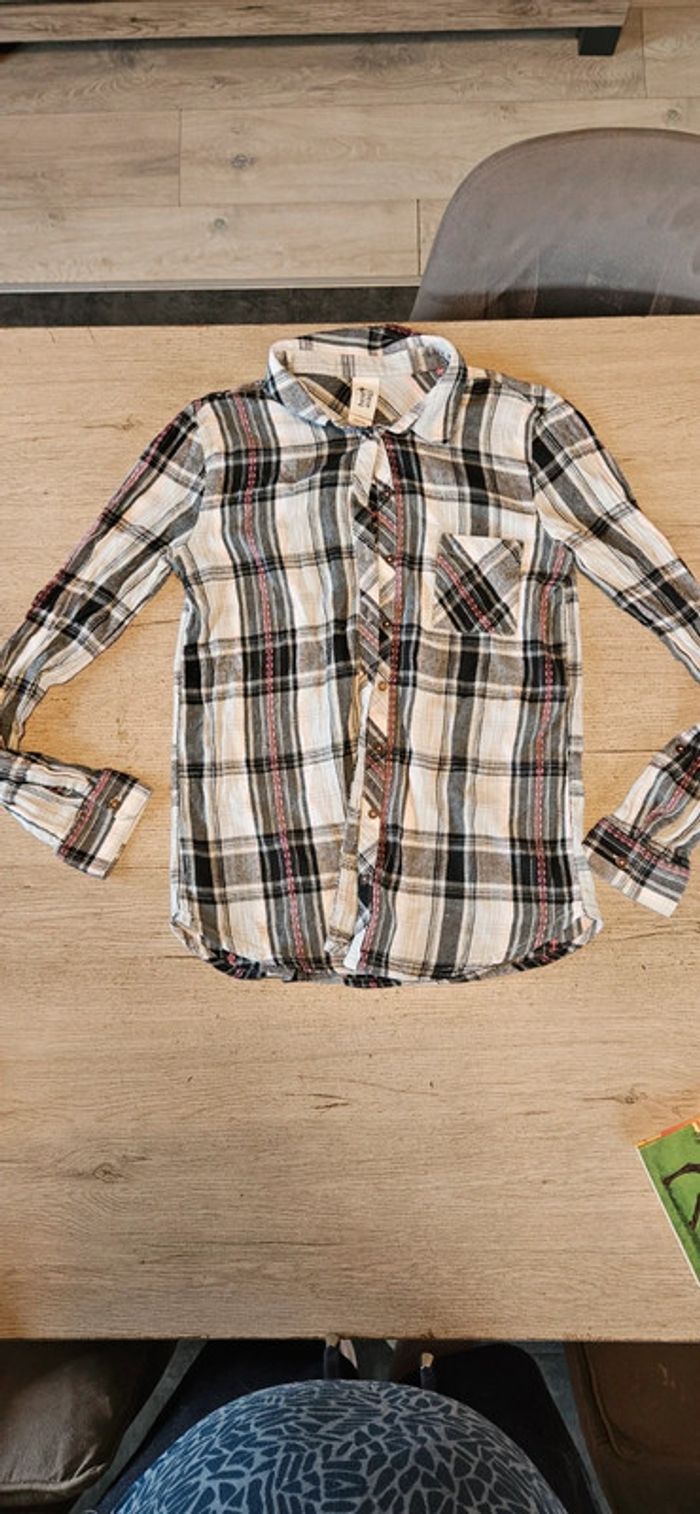 Chemise fille, à carreaux gris/noir/rose, C&A, taille158/164, nickel