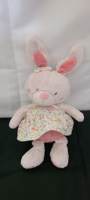Tex Auguste doudou peluche lapin rose robe fleur oiseau 22 cm