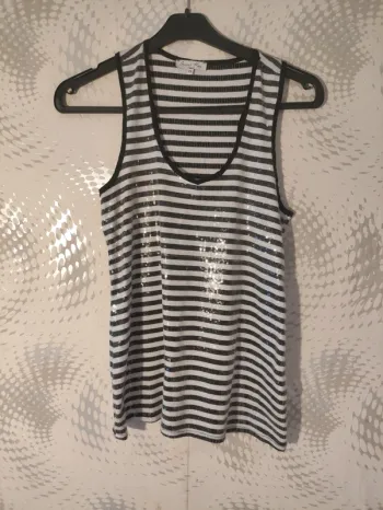 Débardeur Y2K Serena Kay Noir & Blanc Rayé à Sequins – T.2 (38/M)
