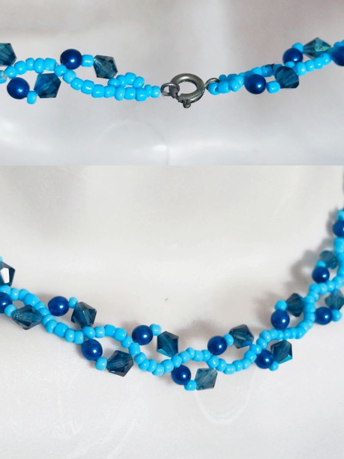 Collier ras de cou y2k tissage perle transparent bleu turquoise 🇨🇵 Fabrication Artisanale - 42cm - photo numéro 2