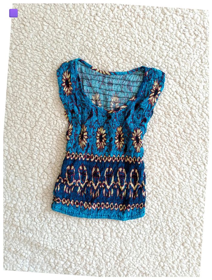 Rare vintage Haut smocké imprimé bleu et rose – Rayon festival motif old school piece unique