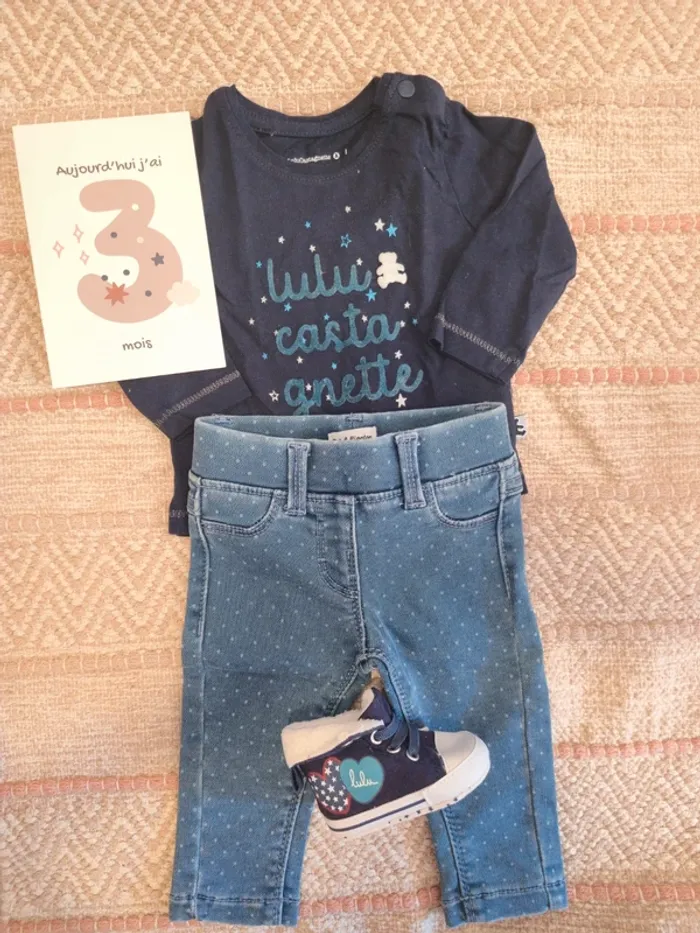 Ensemble 3 pièces haut nounours et jegging jean à pois avec baskets assorties 3 mois - photo numéro 5