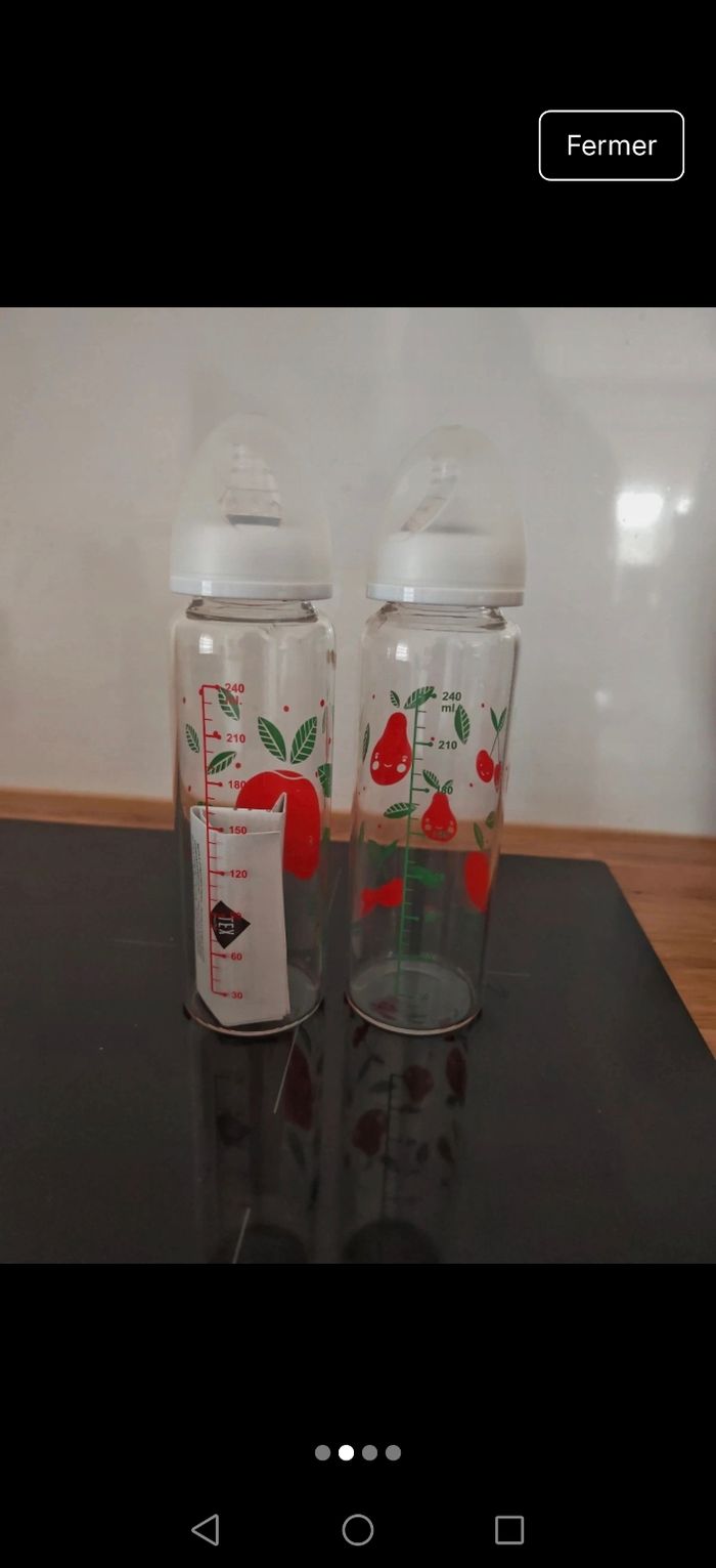 Biberon en verre + 2 tétines
