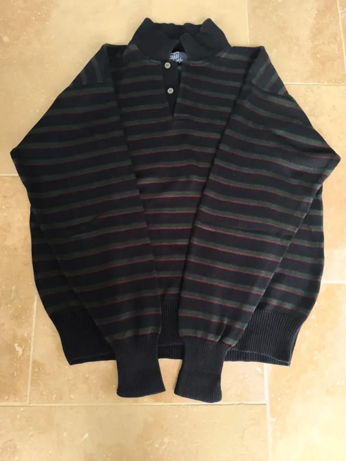 Magnifique pull col  boutonné Ralph Lauren homme L noir rayures vertes rouges logo rouge - photo numéro 10