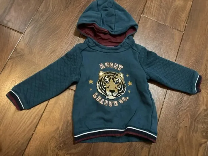 Sweat Pull à capuche garçon bleu canard motif rugby tigre sergent major taille 3 ans 98 cm