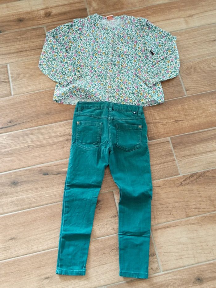 Ensemble 6 ans, jean slim vert bouteille et chemise liberty vert et rose - photo numéro 9