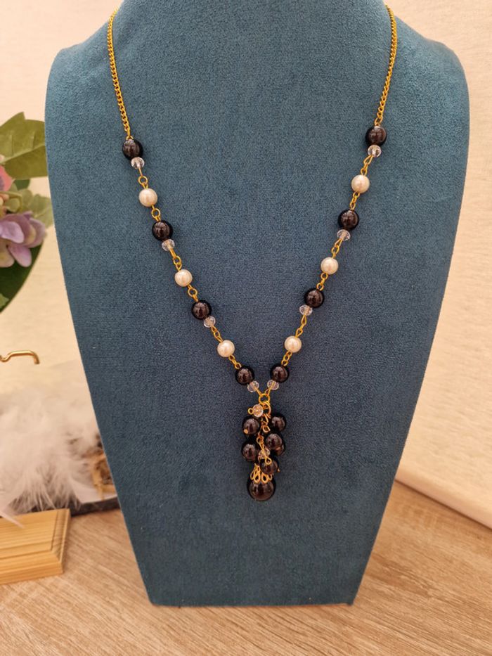 Collier Sautoir Grappe Doré Noir Et Blanc Cristal