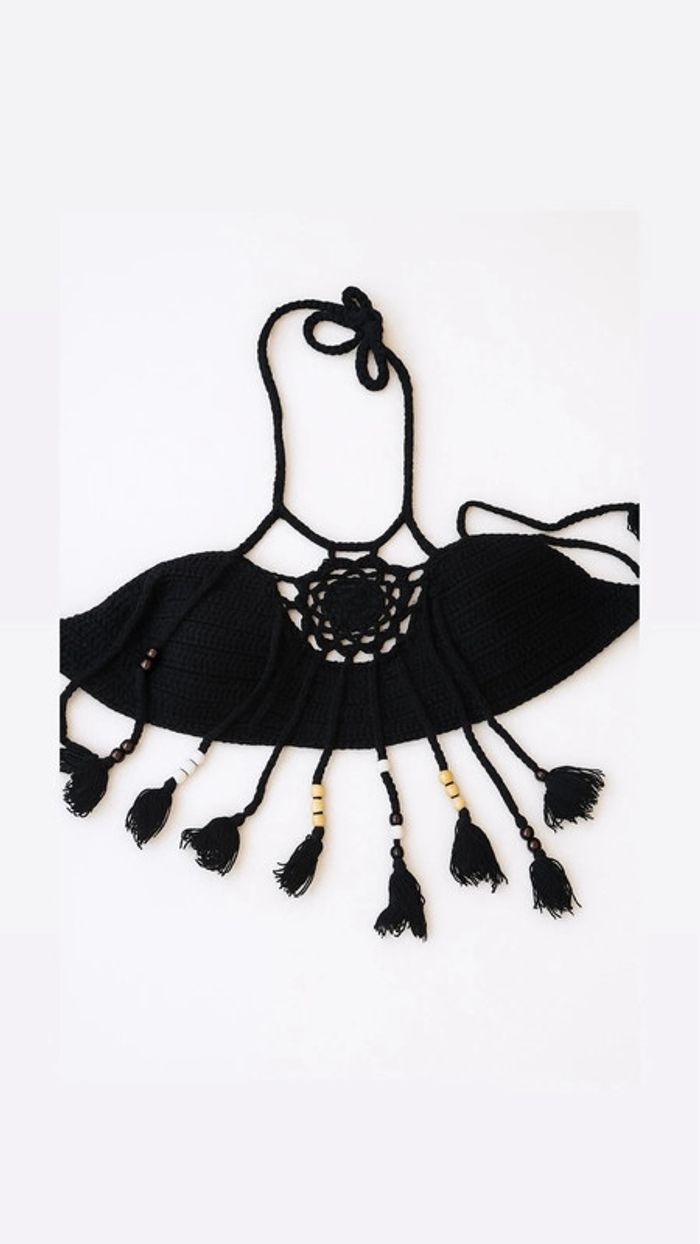 Haut de maillot de bain en tricot a franges avec perles