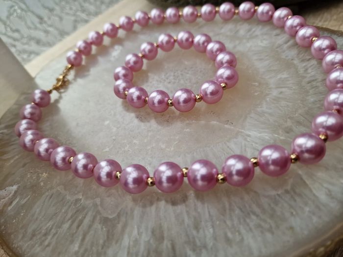 Parure Collier Bracelet De Perles Rose Lila Doré - photo numéro 9